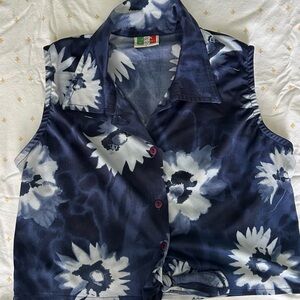 Navy Floral Sleeveless Blouse